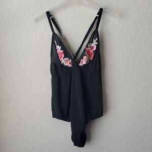 Cacique size 2 Black Sheer Bodysuit with Floral Embroidery